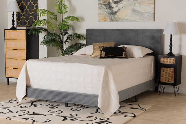 Abberton Modern And Contemporary Grey Velvet And Gold Metal Queen Size Panel Bed Abberton-Grey Velvet-Queen