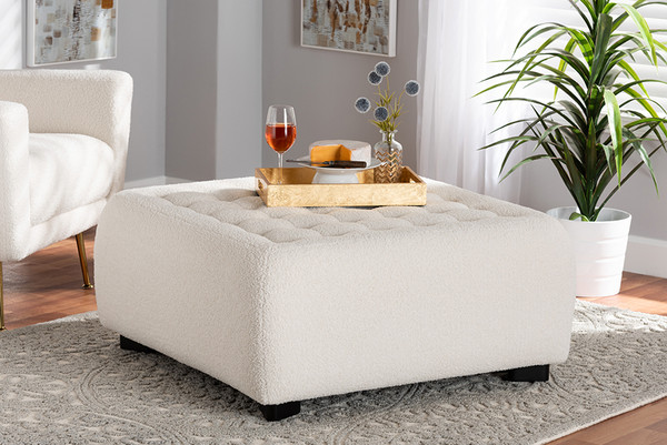 Athena Modern And Contemporary Ivory Boucle Upholstered And Black Finished Wood Square Ottoman 2211-Beige-Ottoman