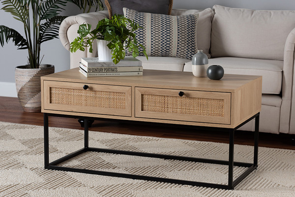 Amelia Mid-Century Modern Transitional Natural Brown Finished Wood And Natural Rattan 2-Drawer Coffee Table LCF20001B-Rattan/Metal-CT
