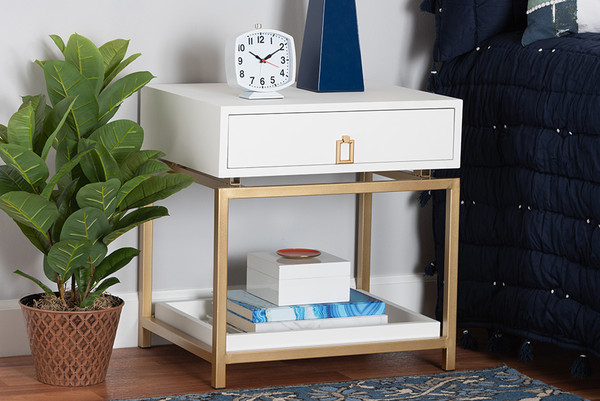 Melosa Modern Glam And Luxe White Finished Wood And Gold Metal 1-Drawer End Table JY21B009-White/Gold-ET