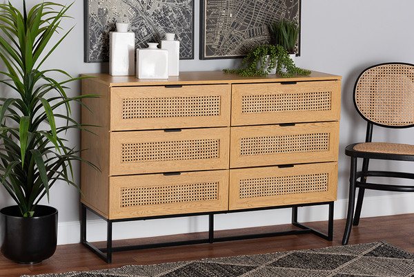 Sawyer Mid-Century Modern Industrial Oak Brown Finished Wood And Black Metal 6-Drawer Storage Cabinet With Natural Rattan LCF20220221-Oak Brown-6DW-Cabinet