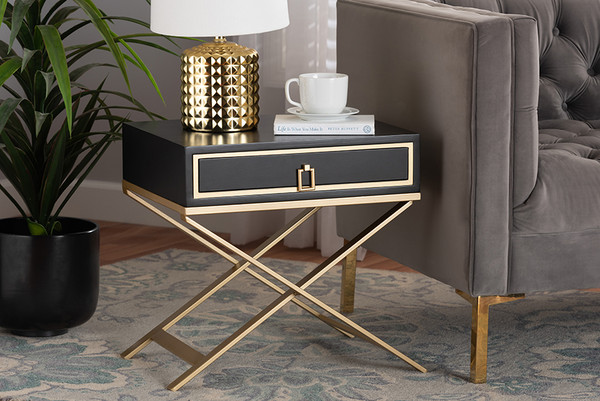 Lilibet Modern Glam And Luxe Black Finished Wood And Gold Metal 1-Drawer End Table JY21B018-Black/Gold-ET