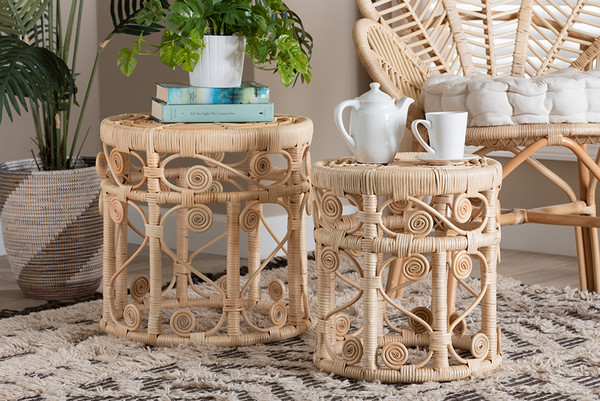 Bowie Modern Bohemian Natural Brown Rattan 2-Piece Nesting End Table Set RT010-Rattan-Nesting Table