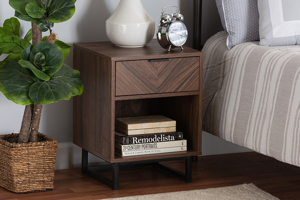 Sadia Modern Walnut Brown Finished Wood And Black Metal 1-Drawer End Table LCF20211284-Walnut-ET