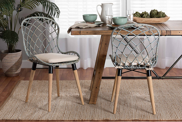 Sabelle Modern Bohemian Natural Brown Finished Teak Wood And Light Blue Rattan 2-Piece Dining Chair Set Santa1-Blue Rattan-DC