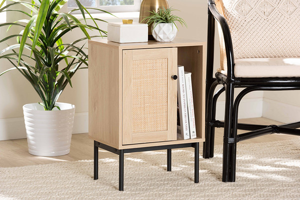 Sherwin Mid-Century Modern Light Brown And Black 1-Door Cabinet With Woven Rattan Accent SR221174-Wooden/Rattan-Cabinet