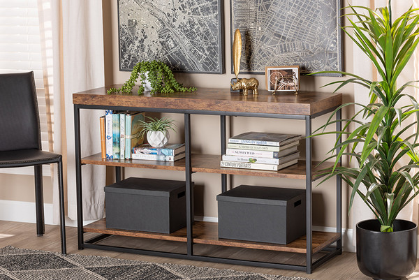 Bardot Modern Industrial Walnut Brown Finished Wood And Black Metal 3-Tier Console Table LCF20255-Wood/Metal-Console Table