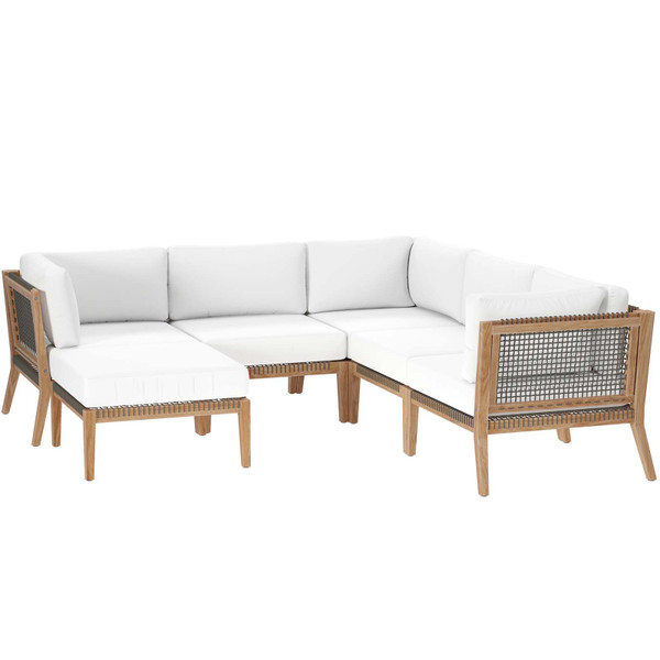 Clearwater Outdoor Patio Teak Wood 6-Piece Sectional Sofa - Gray White EEI-6124-GRY-WHI