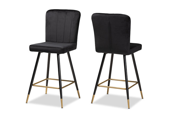 Preston Modern Luxe and Glam Black Velvet Fabric Upholstered and Two-Tone Black and Gold Finished Metal 2-Piece Bar Stool Set DC179-Black Velvet/Gold-BS