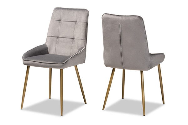 Gavino Modern Luxe and Glam Grey Velvet Fabric Upholstered and Gold Finished Metal 2-Piece Dining Chair Set DC178-Grey Velvet/Gold-DC