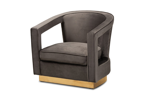 Neville Modern Luxe and Glam Grey Velvet Fabric Upholstered and Gold Finished Metal Armchair TSF-6743-Grey Velvet/Gold-CC