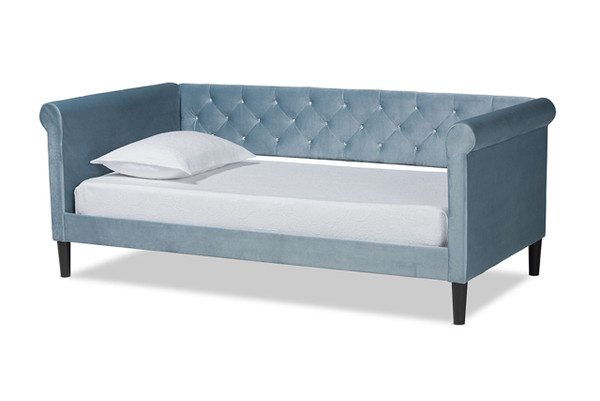 Cora Modern and Contemporary Light Blue Velvet Fabric Upholstered and Dark Brown Finished Wood Twin Size Daybed Cora-Light Blue Velvet-Daybed-Twin