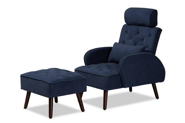 Haldis Modern and Contemporary Navy Blue velvet Fabric Upholstered and Walnut Brown Finished Wood 2-Piece Recliner Chair and Ottoman Set T-4-Velvet Navy Blue-Chair/Footstool Set