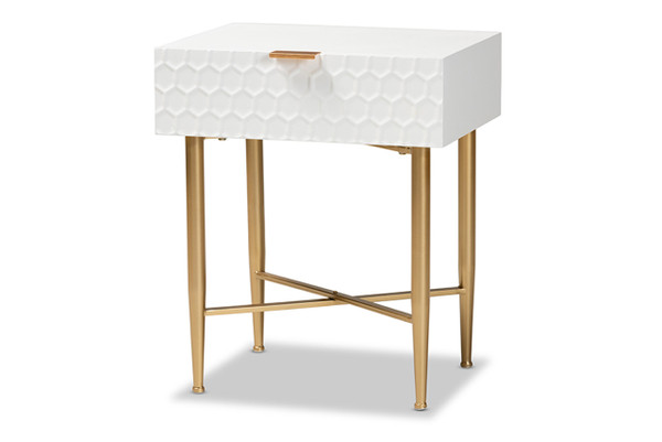 Marcin Contemporary Glam and Luxe White Finished Wood and Gold Metal 1-Drawer Nightstand JY20B123-White/Gold-NS