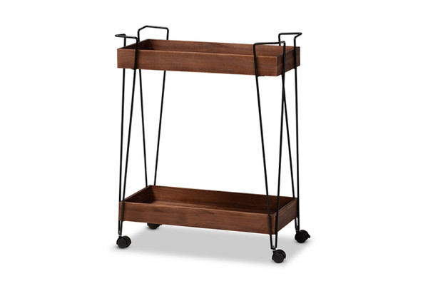 Reynard Modern and Industrial Walnut Brown Finished Wood and Black Metal 2-Tier Wine Cart 6652-Metal-Cart