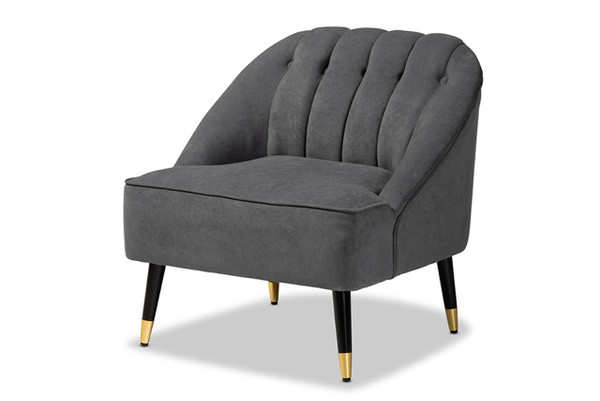 Ellard Modern and Contemporary Grey Velvet Fabric Upholstered and Two-Tone Dark Brown and Gold Finished Wood Accent Chair HH-022-Velvet Grey-Chair