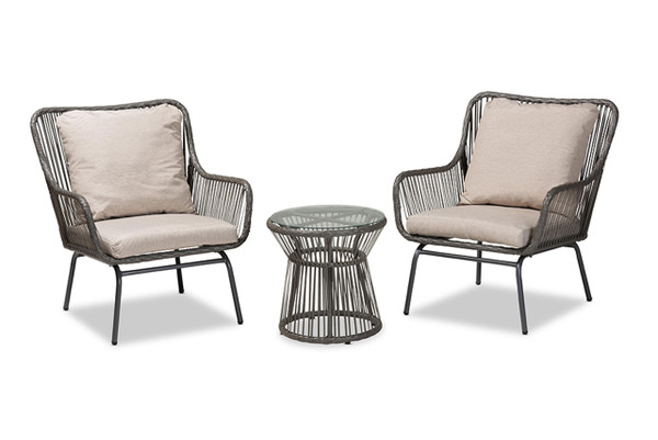 Dermot Modern and Contemporary Beige Fabric and Grey Synthetic Rattan Upholstered 3-Piece Patio Set FY-0009-Faux Rattan Grey-3PC Set