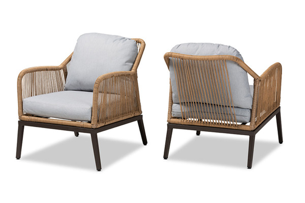 Endecott Modern and Contemporary Grey Fabric Upholstered and Brown Synthetic Rattan 2-Piece Patio Chair Set FY-0008-Faux Rattan Tan-Chair