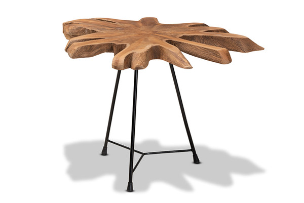 Merci Rustic Industrial Natural Brown And Black End Table With Teak Tree Trunk Tabletop Merci-Natural/Black-ET