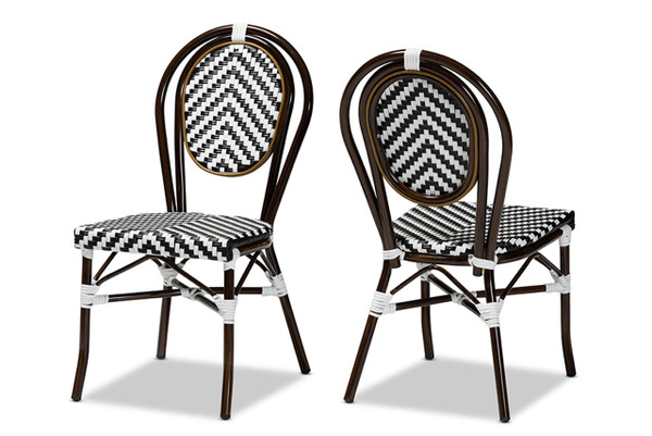 Alaire Classic French Black And White Weaving And Dark Brown Metal 2-Piece Outdoor Dining Chair Set WA-4094V-Black/White-DC