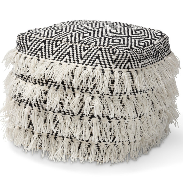Alain Moroccan Inspired Black And Ivory Handwoven Wool Tassel Pouf Ottoman Alain-Black/Ivory-Pouf