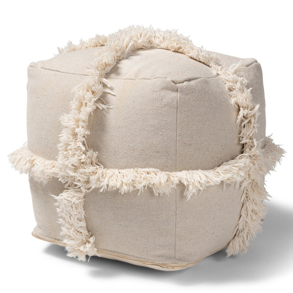 Alfro Moroccan Inspired Beige Handwoven Cotton Fringe Pouf Ottoman Alfro-Ivory-Pouf
