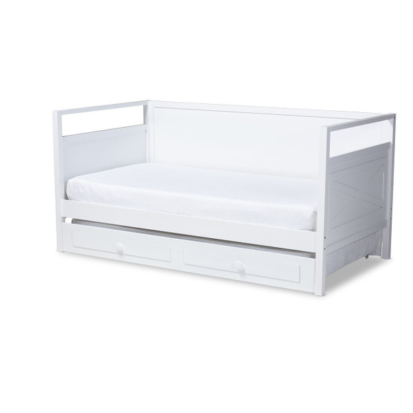 Cintia Cottage Farmhouse White Finished Wood Twin Size Daybed With Trundle Cintia-White-Daybed-T