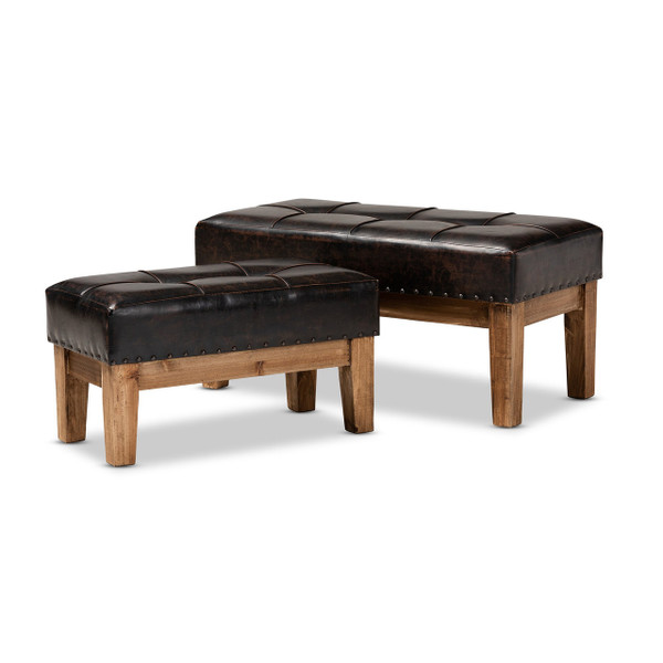 Lenza Rustic Dark Brown Faux Leather Upholstered 2-Piece Wood Ottoman Set JY17A058-Dark Brown-2PC Otto Set