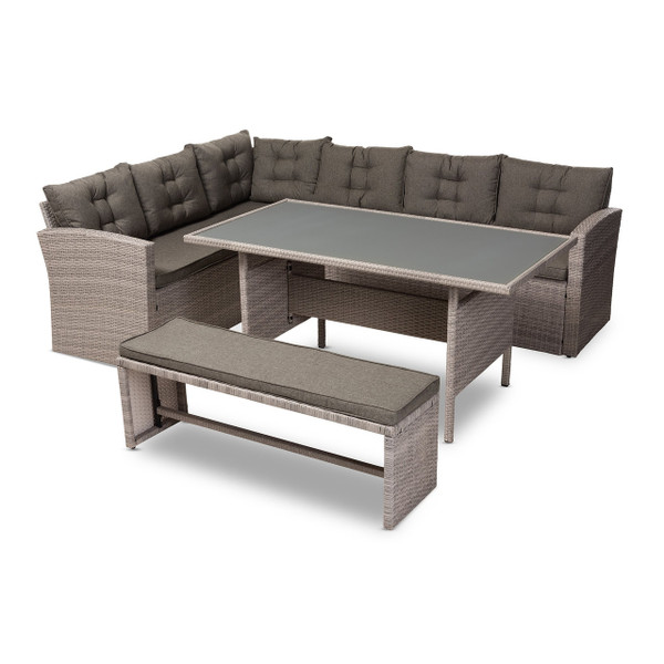 Eneas Modern And Contemporary Dark Grey Fabric Upholstered And Grey Rattan 3-Piece Outdoor Patio Lounge Corner Sofa Set MLM-210339-Dark Grey