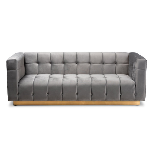 Loreto Glam And Luxe Grey Velvet Fabric Upholstered Brushed Gold Finished Sofa TSF-5506-Grey/Gold-SF