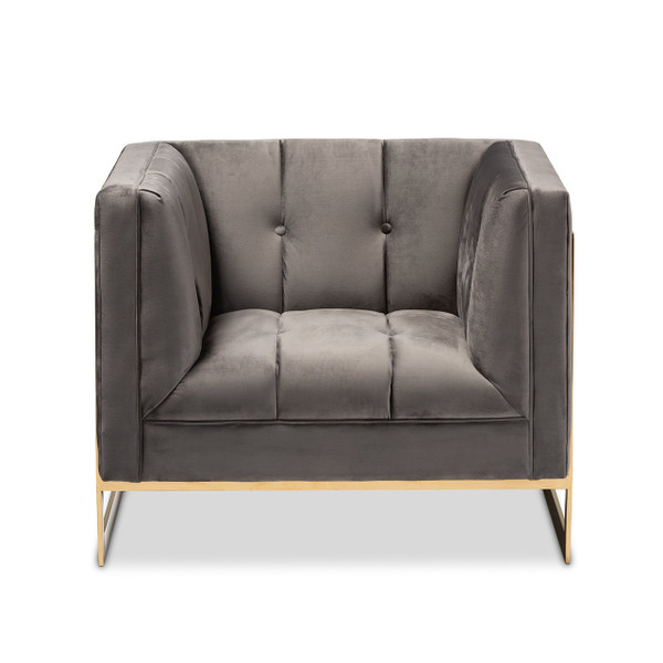 Ambra Glam And Luxe Grey Velvet Fabric Upholstered And Button Tufted Armchair With Gold-Tone Frame TSF-5507-Grey/Gold-CC