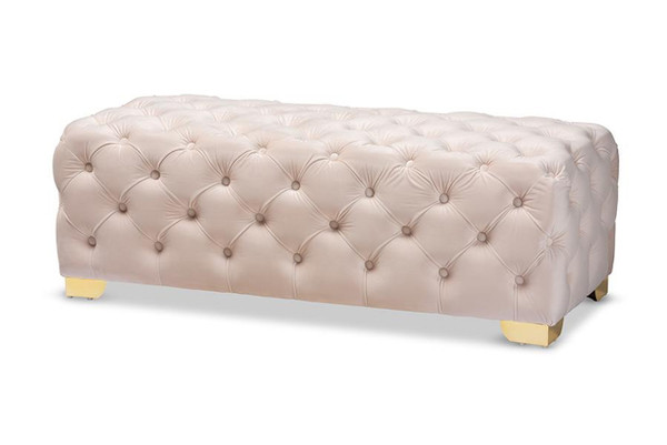 Avara Glam And Luxe Light Beige Velvet Fabric Upholstered Gold Finished Button Tufted Bench Ottoman TSFOT028-Light Beige/Gold-Otto