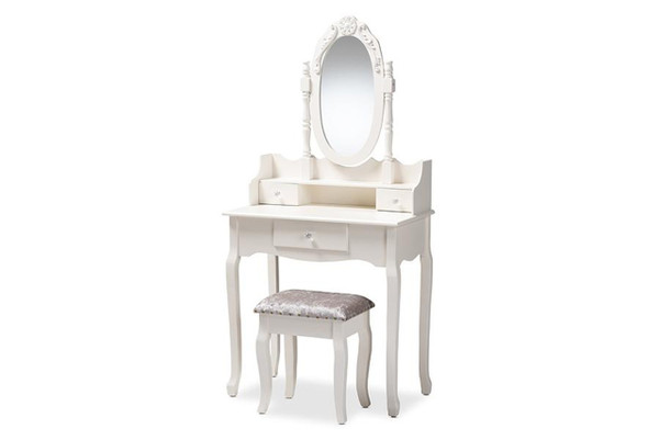 2-Piece Vanity Table W/ Mirror And Ottoman WF18-White-Vanity