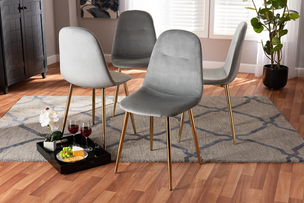Elyse Glam And Luxe Grey Velvet Fabric Upholstered Gold Finished 4-Piece Metal Dining Chair Set DC150-Grey Velvet/Gold-DC