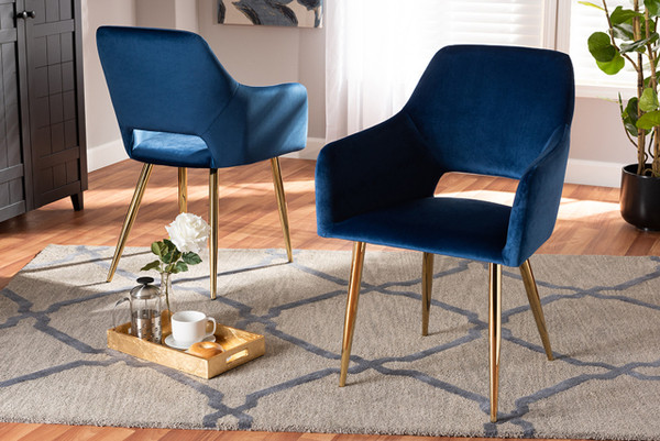 Germaine Glam And Luxe Navy Blue Velvet Fabric Upholstered Gold Finished 2-Piece Metal Dining Chair Set DC144-Navy Blue Velvet/Gold-DC
