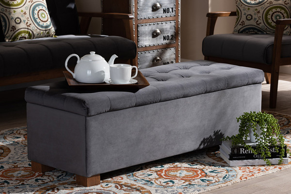Roanoke Modern And Contemporary Grey Velvet Fabric Upholstered Grid-Tufted Storage Ottoman Bench BBT3101-Grey Velvet/Walnut-Otto