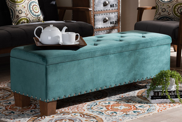 Hannah Modern And Contemporary Teal Blue Velvet Fabric Upholstered Button-Tufted Storage Ottoman Bench BBT3136-Teal Velvet/Walnut-Otto