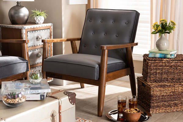 Sorrento Mid-Century Modern Grey Velvet Fabric Upholstered Walnut Finished Wooden Lounge Chair BBT8013-Grey Velvet/Walnut-CC