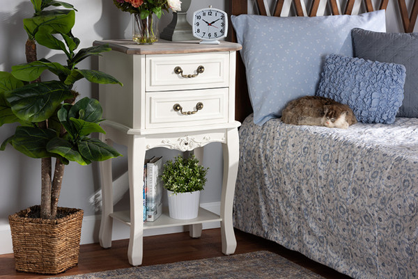 Amalie Antique French Country Cottage Two-Tone White And Oak Finished 2-Drawer Wood Nightstand JY17B088-White-NS