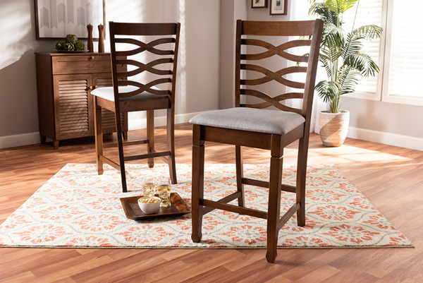Lanier Modern And Contemporary Grey Fabric Upholstered Walnut Brown Finished 2-Piece Wood Counter Height Pub Chair Set Set RH318P-Grey/Walnut-PC