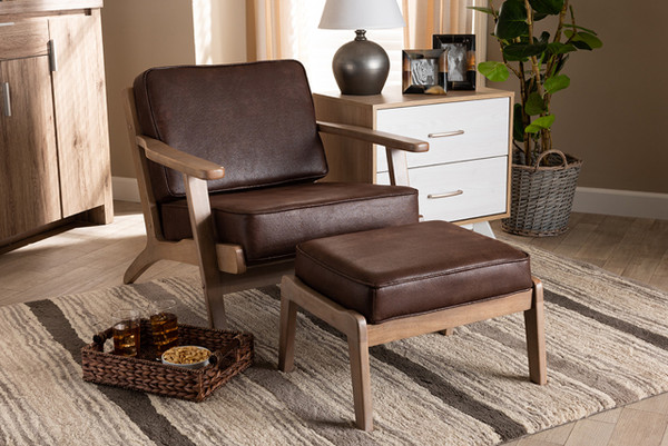 Sigrid Mid-Century Modern Dark Brown Faux Leather Effect Fabric Upholstered Antique Oak Finished 2-Piece Wood Armchair And Ottoman Set Sigrid-Dark Brown/Antique Oak-2PC Set
