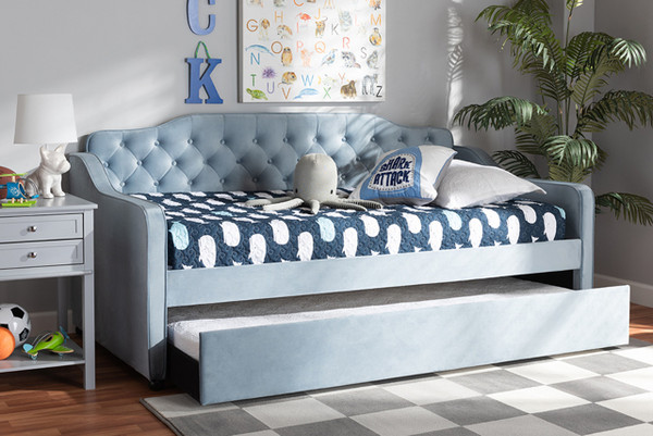 Freda Traditional And Transitional Light Blue Velvet Fabric Upholstered And Button Tufted Twin Size Daybed With Trundle Freda-Light Blue Velvet-Daybed-T/T