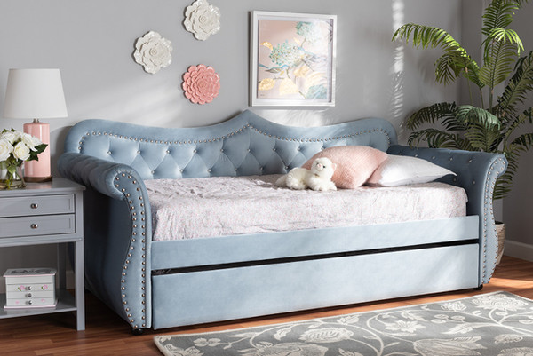 Abbie Traditional And Transitional Light Blue Velvet Fabric Upholstered And Crystal Tufted Twin Size Daybed With Trundle Abbie-Light Blue Velvet-Daybed-T/T