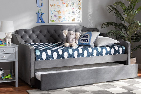 Freda Traditional And Transitional Grey Velvet Fabric Upholstered And Button Tufted Twin Size Daybed With Trundle Freda-Grey Velvet-Daybed-T/T
