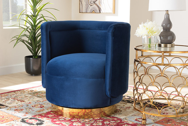 Saffi Glam And Luxe Royal Blue Velvet Fabric Upholstered Gold Finished Swivel Accent Chair TSF-6653-Royal Blue/Gold-CC