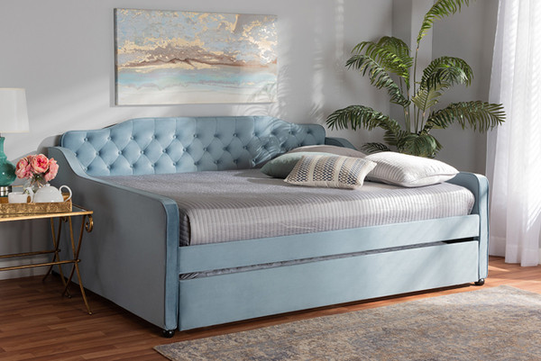 Freda Transitional And Contemporary Light Blue Velvet Fabric Upholstered And Button Tufted Full Size Daybed With Trundle Freda-Light Blue Velvet-Daybed-F/T