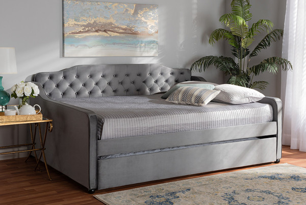 Freda Transitional And Contemporary Grey Velvet Fabric Upholstered And Button Tufted Queen Size Daybed With Trundle Freda-Grey Velvet-Daybed-Q/T