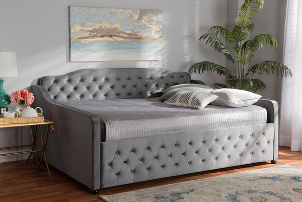 Freda Transitional And Contemporary Grey Velvet Fabric Upholstered And Button Tufted Queen Size Daybed Freda-Grey Velvet-Daybed-Queen