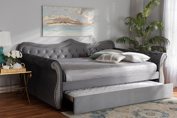 Abbie Traditional And Transitional Grey Velvet Fabric Upholstered And Crystal Tufted Queen Size Daybed With Trundle Abbie-Grey Velvet-Daybed-Q/T