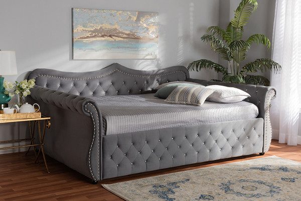 Abbie Traditional And Transitional Grey Velvet Fabric Upholstered And Crystal Tufted Full Size Daybed Abbie-Grey Velvet-Daybed-Full